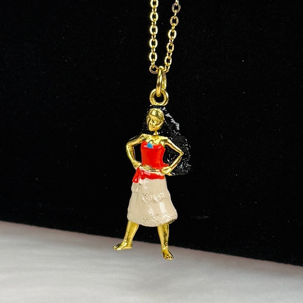Vintage Enamel Island Girl Hula Dancer Pendant Necklace Goldtone Chain